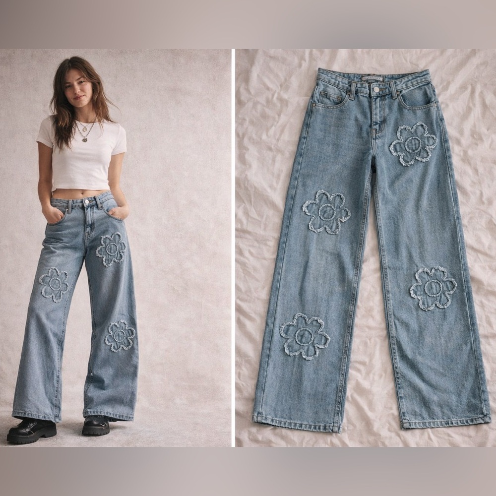 Cali 1850 Wide Leg Flower Applique Jeans 3/26 Y2K‎ Coquette Denim Soft Grunge